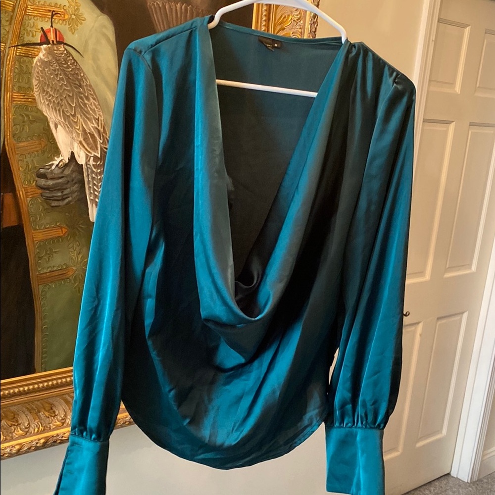 SHEIN Teal Satin Drape Neck Blouse